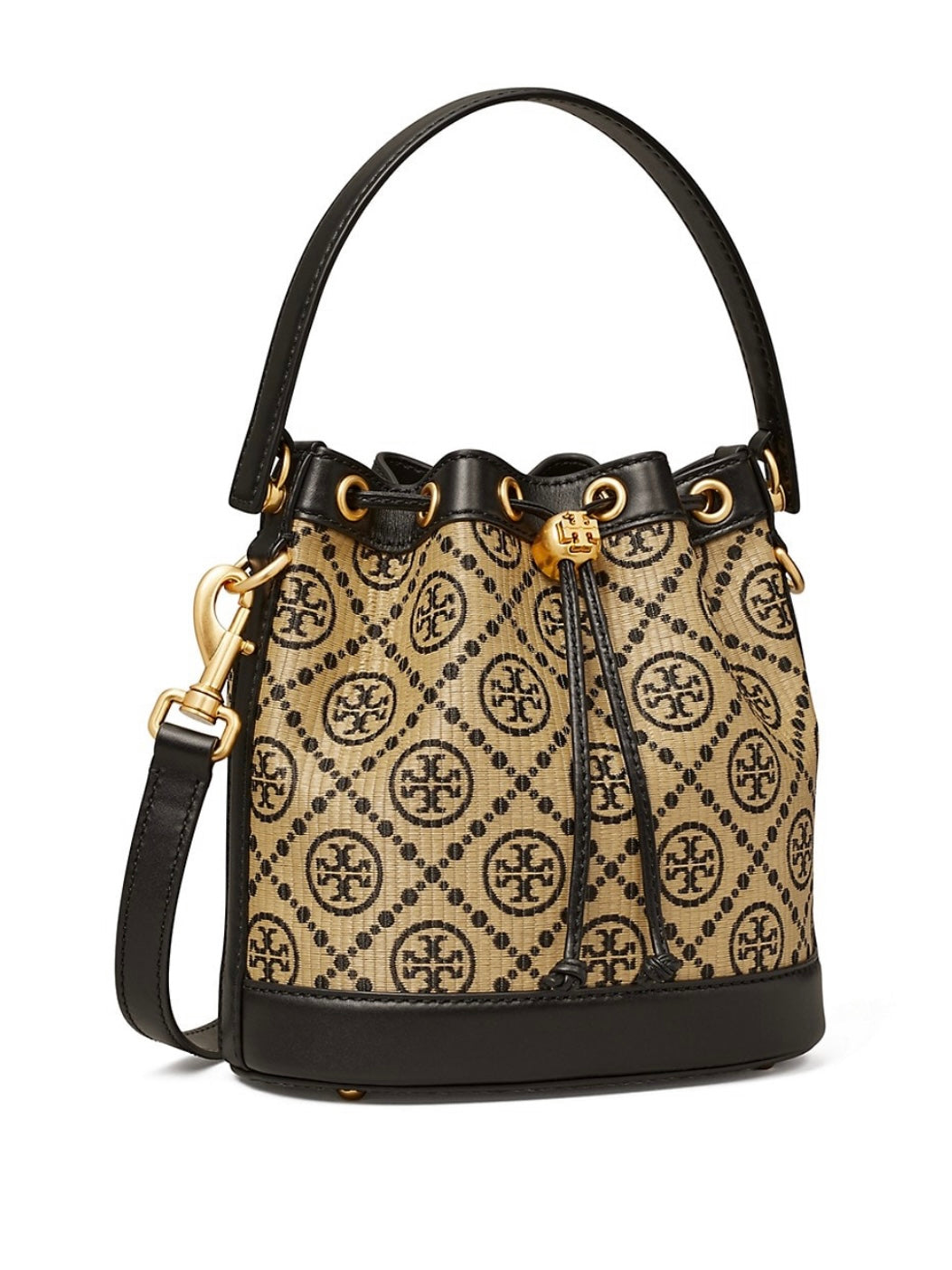 Tory Burch T Monogram Raffia Bucket Bag, Black/ Brass, Style 139129, Retail  $598